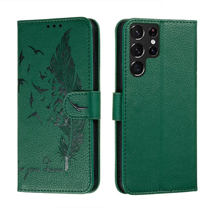 Green feather-pattern leather-look phone wallet case, front and back views shown