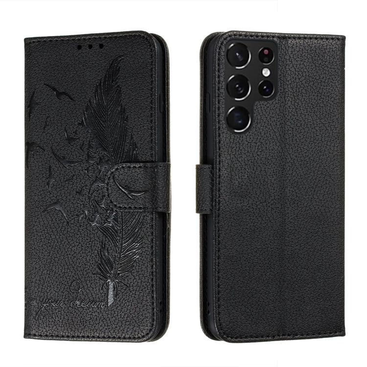 Black feather-pattern leather-look phone wallet case with camera cutout and side strap
