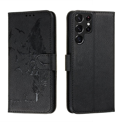 Black feather-pattern leather-look phone wallet case with camera cutout and side strap