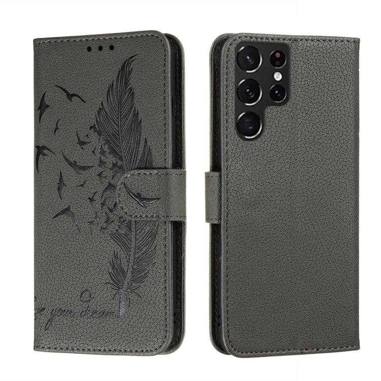 Dark gray feather-pattern leather phone wallet case with feather motif and flip cover