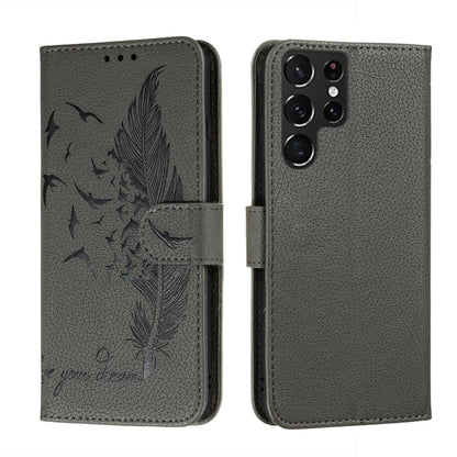 Dark gray feather-pattern leather phone wallet case with feather motif and flip cover