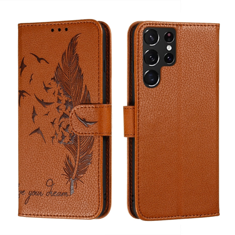 Brown feather-pattern leather phone wallet case with feather motif and camera cutout back