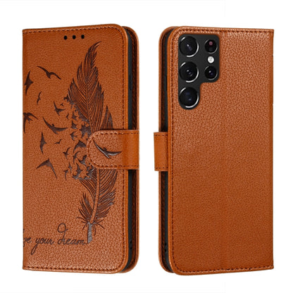 Brown feather-pattern leather phone wallet case with feather motif and camera cutout back