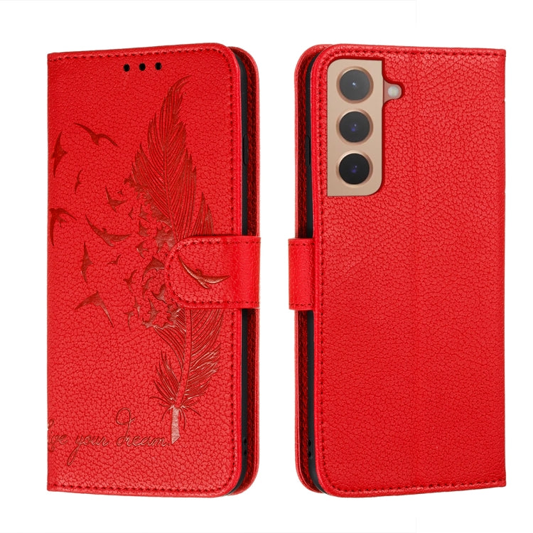 Red feather pattern leather phone wallet case with flip cover and card slots