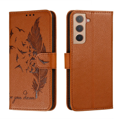 Brown feather-pattern leather phone wallet case with flip cover and card slots; front & back
