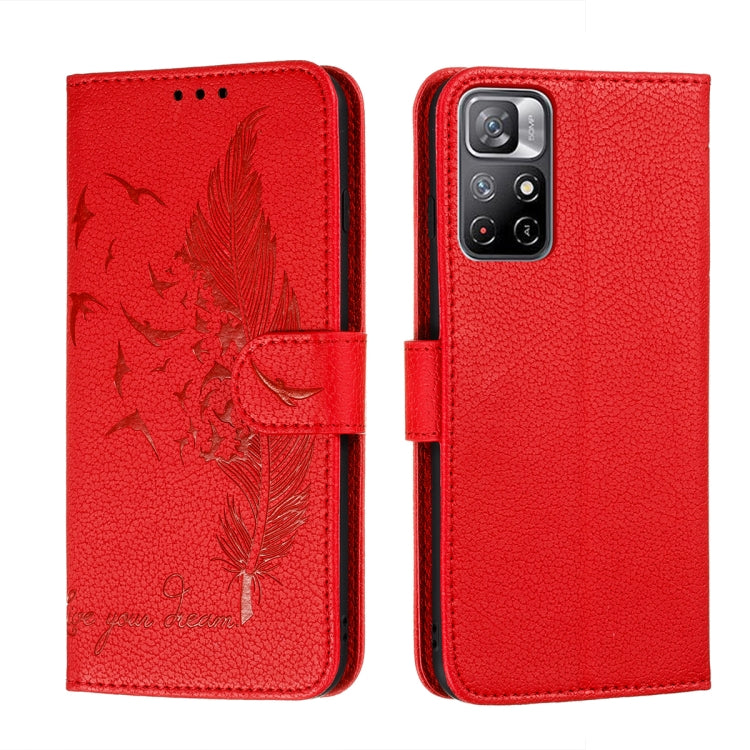 Red feather pattern leather phone wallet case with flip cover and camera cutout