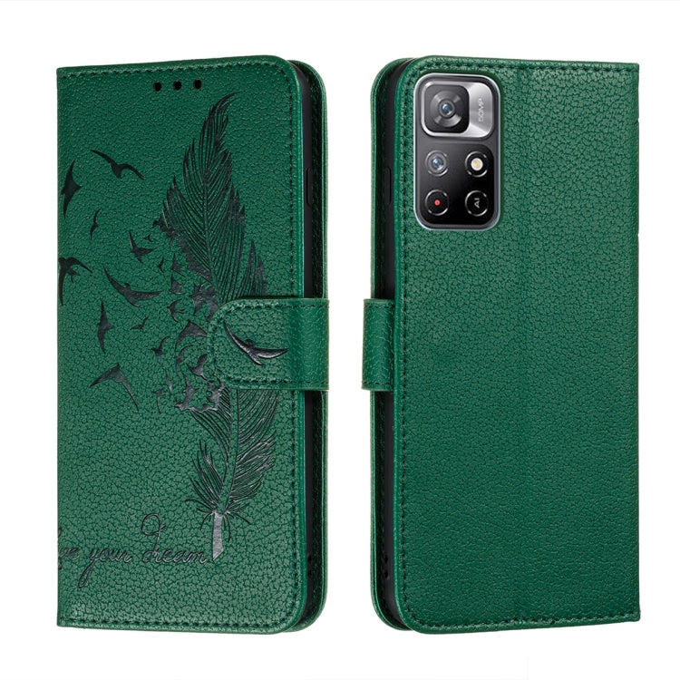 Green feather-pattern leather-look phone wallet case with camera cutout and side strap