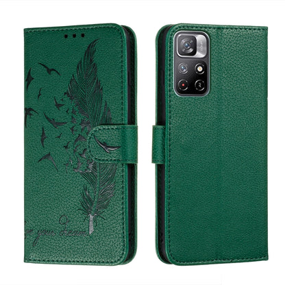 Green feather-pattern leather-look phone wallet case with camera cutout and side strap