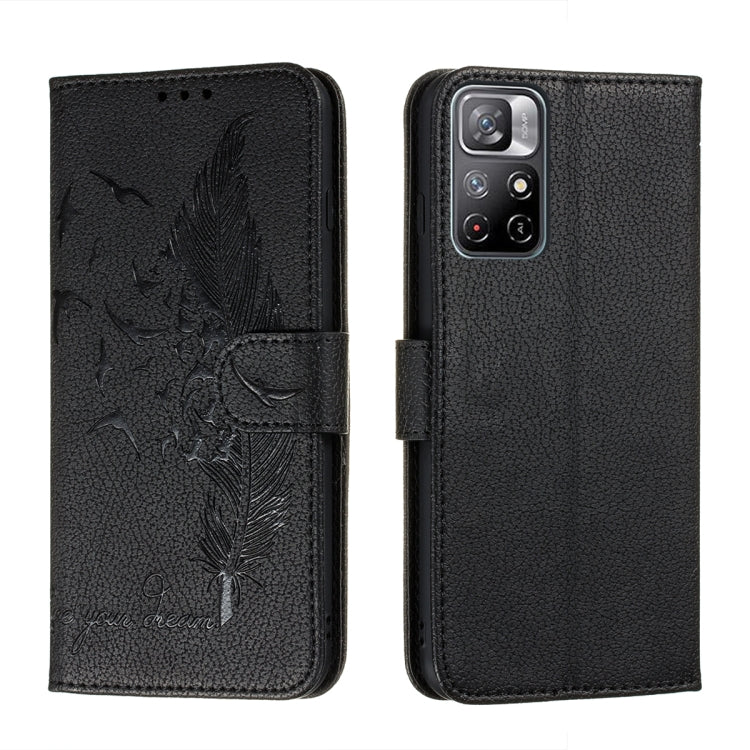 Black feather-pattern leather-look phone wallet case with camera cutout and folio cover