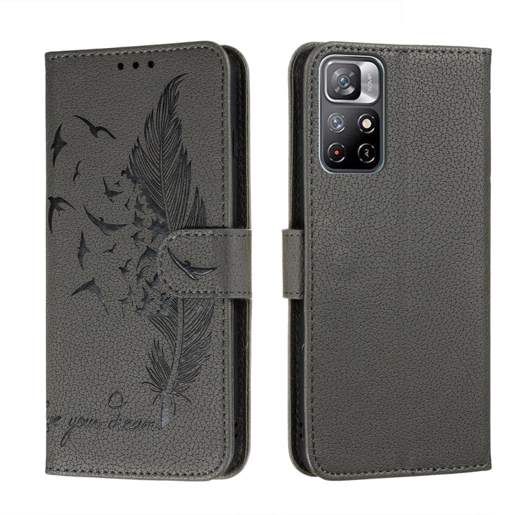 Dark gray feather-pattern leather phone wallet case with feather motif and flip cover