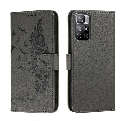 Dark gray feather-pattern leather phone wallet case with feather motif and flip cover