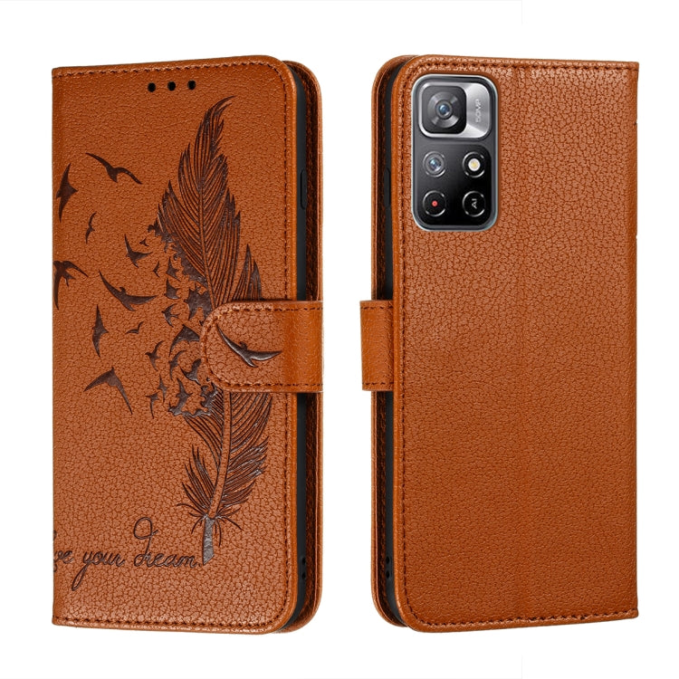 Brown feather-pattern leather phone wallet case with feather motif and camera cutout