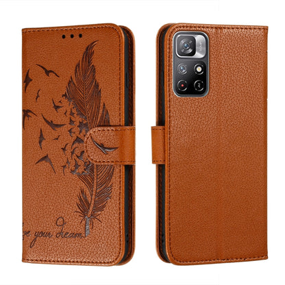 Brown feather-pattern leather phone wallet case with feather motif and camera cutout