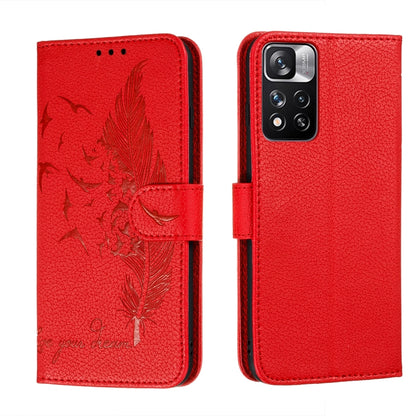 Red feather-pattern leather-look phone wallet case with flap and cutouts for buttons