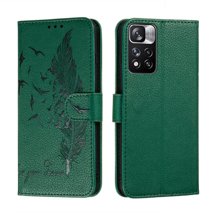 Green feather-pattern leather-look phone wallet case with folio cover and camera opening