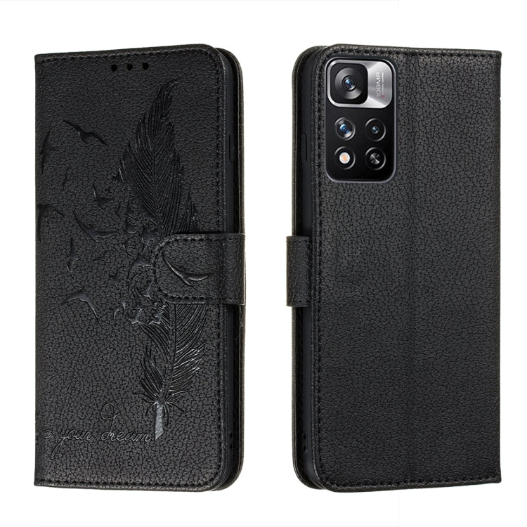 Dark gray feather-pattern leather phone wallet case with flip cover and card slots