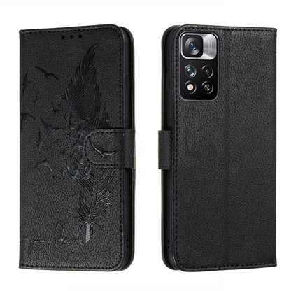 Dark gray feather-pattern leather phone wallet case with flip cover and card slots