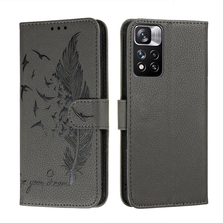 Dark gray feather-pattern leather phone wallet case with flip cover and camera cutout