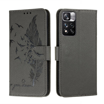 Dark gray feather-pattern leather phone wallet case with flip cover and camera cutout
