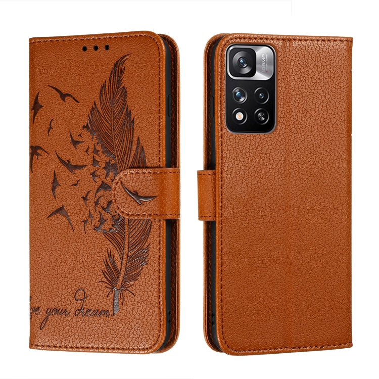 Brown litchi leather phone wallet case with feather design and folio cover