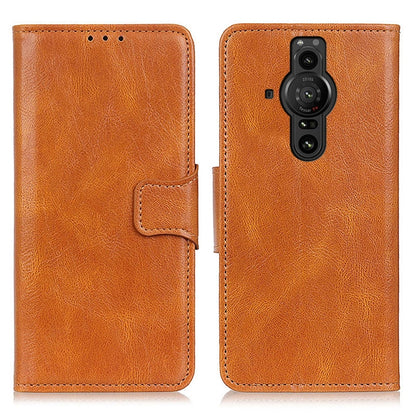 Brown leather flip phone case with camera cutout for Xperia Pro-I, front and back view