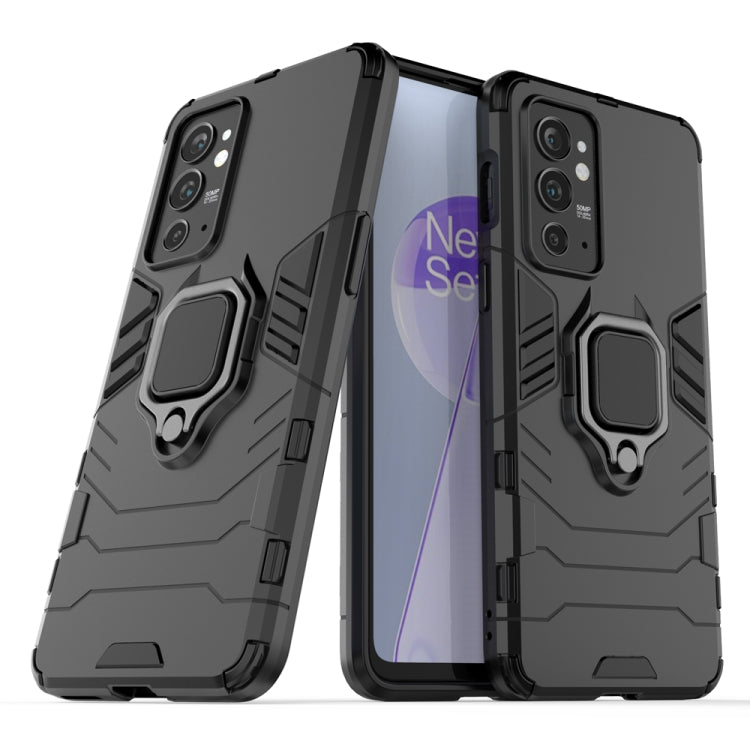 Black shockproof phone case with magnetic ring holder, rugged armor design