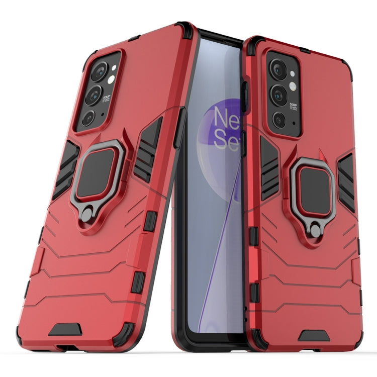 Red shockproof phone case with magnetic ring holder, raised camera lens edges