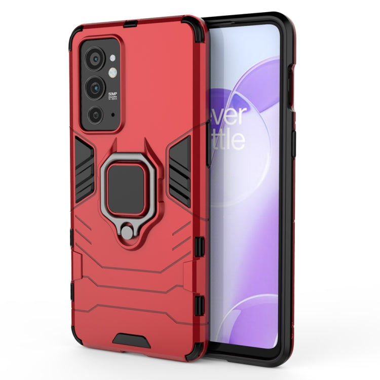 Red shockproof phone case with magnetic ring holder, front and back with cutouts