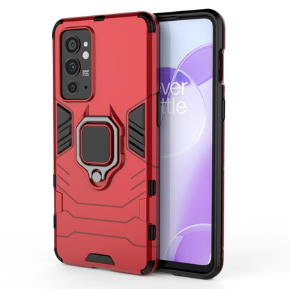 Red shockproof phone case with magnetic ring holder, front and back with cutouts