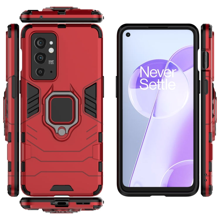 Red shockproof phone case with magnetic ring holder, front and back shown