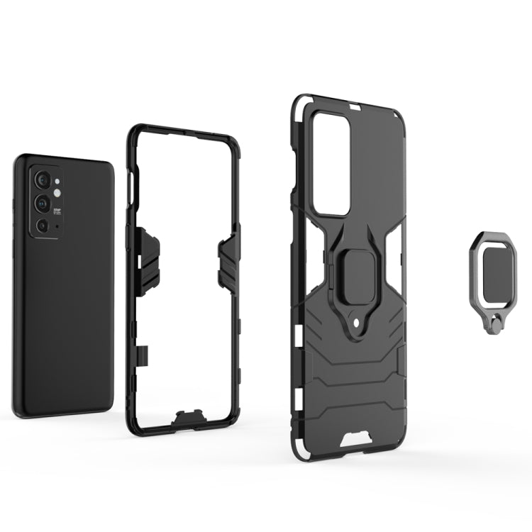 Dark gray shockproof phone case with magnetic ring holder, open frame and back