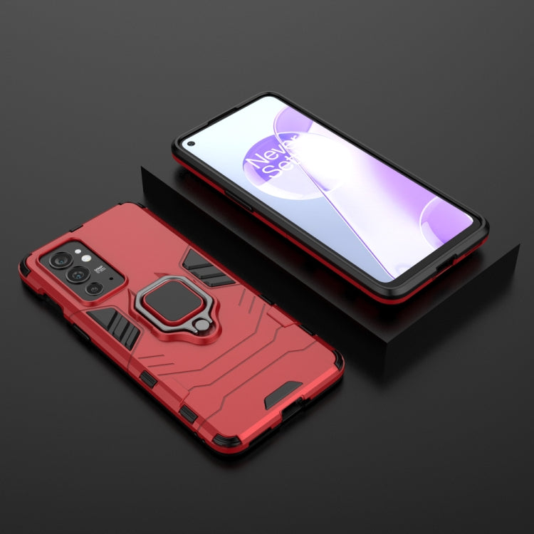 Red shockproof phone case with magnetic ring holder, phone and case side by side