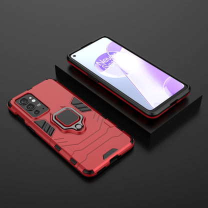 Red shockproof phone case with magnetic ring holder, phone and case side by side