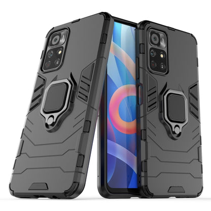 Black shockproof phone case with magnetic ring holder, front and back shown