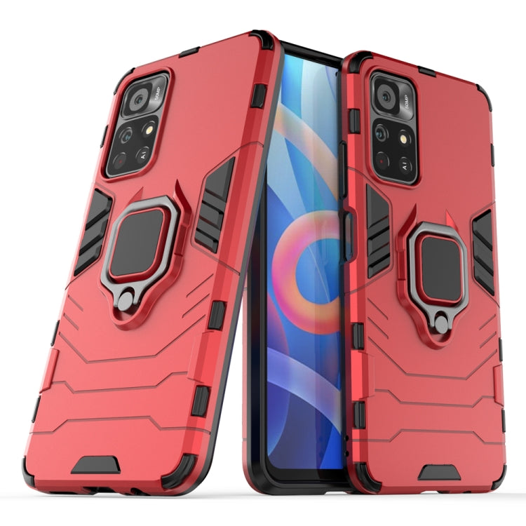 Red shockproof phone case with magnetic ring holder, front and back side-by-side