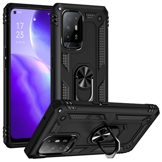 Black shockproof phone case with metal ring stand and 360-degree rotating holder
