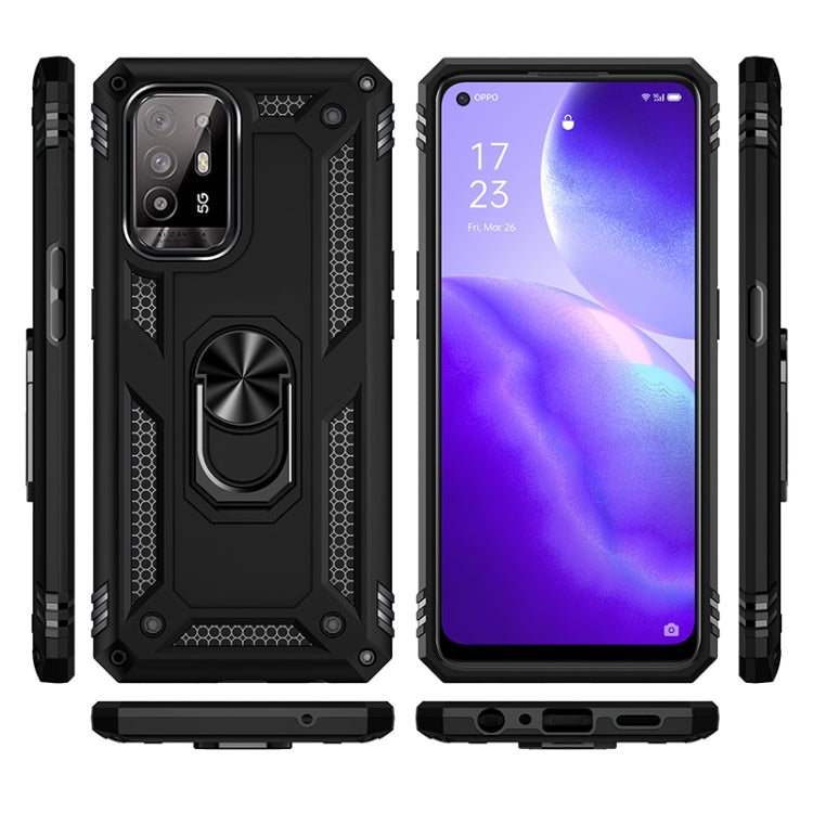 Black protective phone case showing front, back, side ports, and rotating ring holder