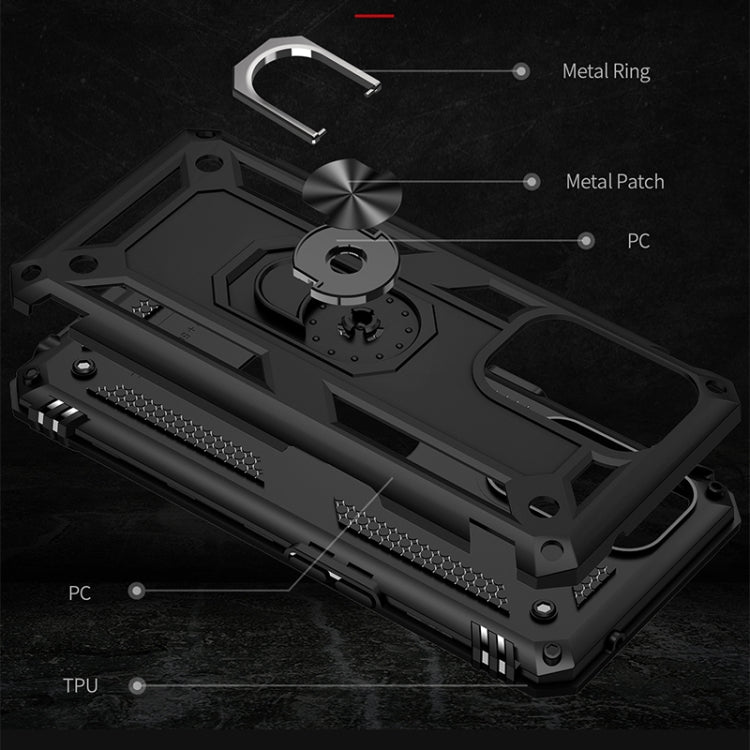Black rugged phone case detail view with metal ring, TPU cushion, and PC bumper