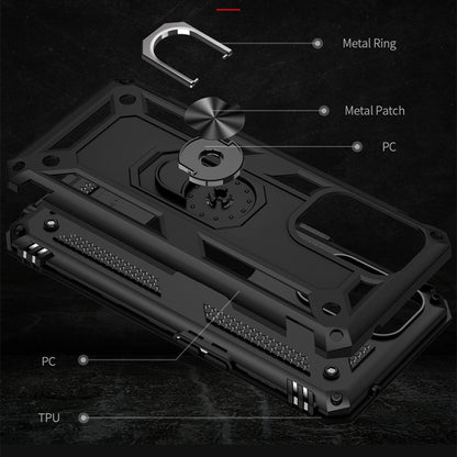 Black rugged phone case detail view with metal ring, TPU cushion, and PC bumper