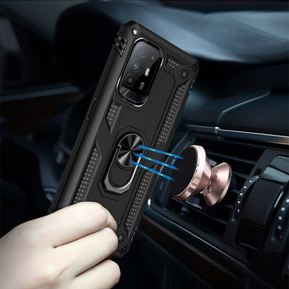 Black rugged phone case with metal ring stand mounted in a car air vent