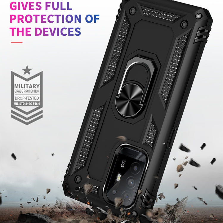 Black rugged phone case with metal ring stand; drop-protective bumper edges