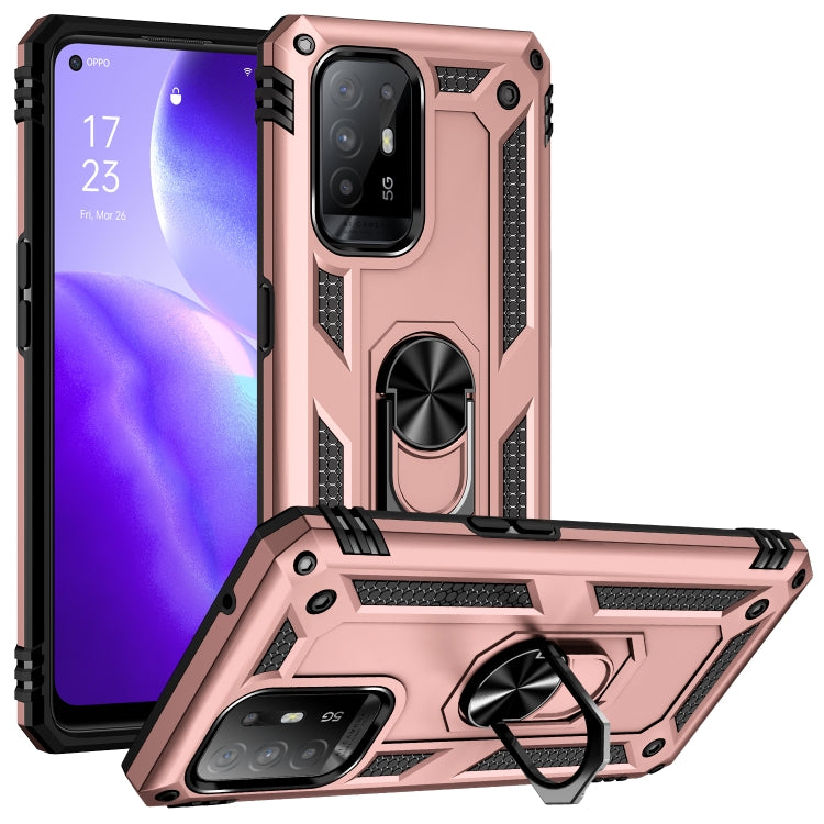 Rose gold shockproof phone case with metal ring stand and 360-degree rotating holder