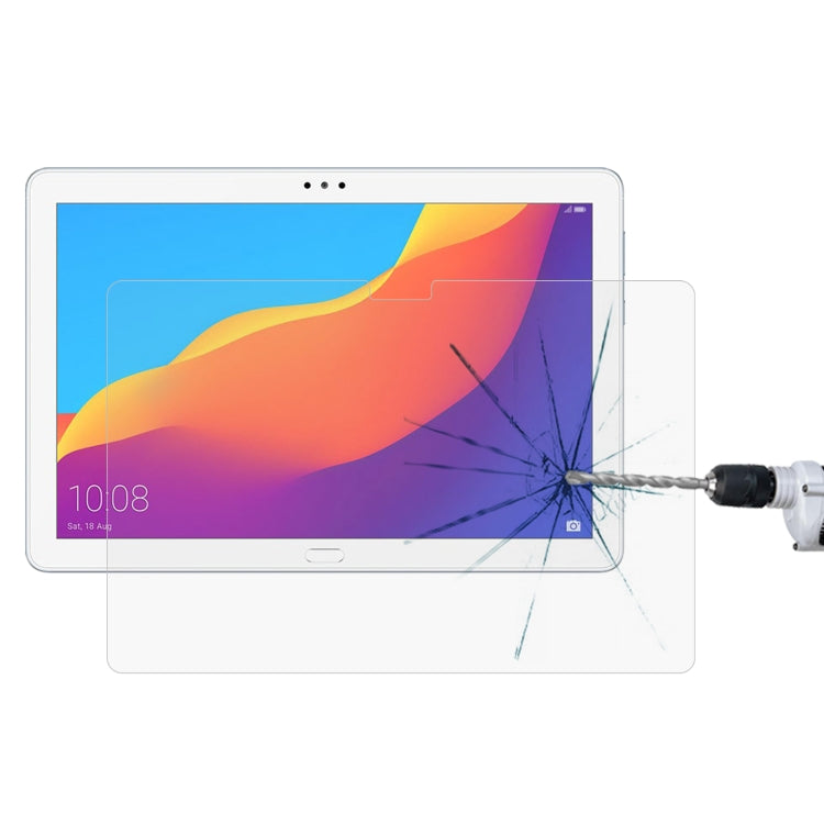 Tempered tablet screen protector film on a white tablet screen with impact crack lines