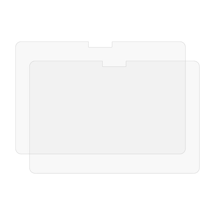 Clear tempered glass screen protector sheets with cutout shapes for tablet display.