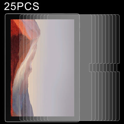 Tablet tempered glass screen protector set, 25-pack clear films layered on angled tablet
