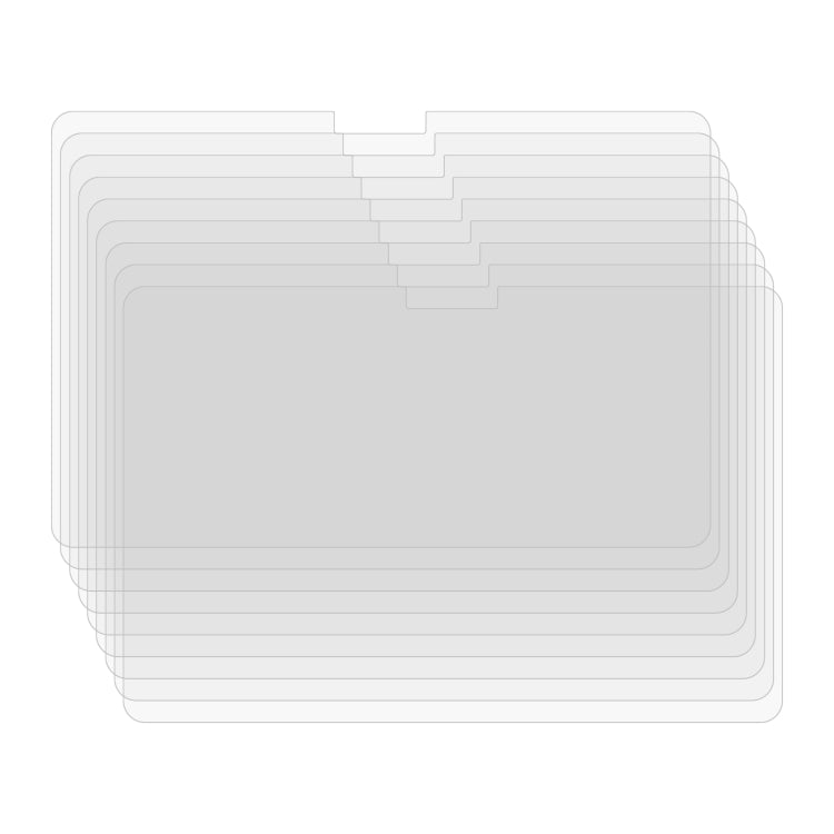 Stack of clear tablet tempered glass screen protectors, showing multiple layers