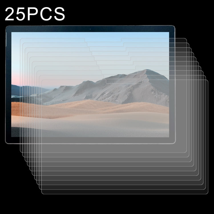 Tablet screen protector glass set, 25-pack clear tempered films stacked in front of tablet