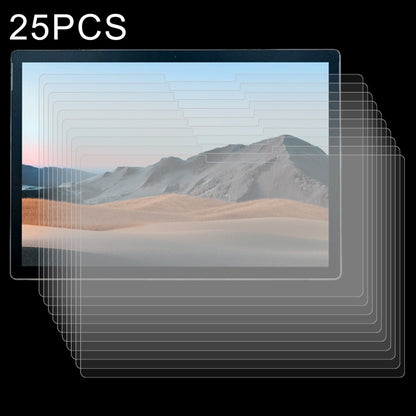 Tablet screen protector glass set, 25-pack clear tempered films stacked in front of tablet
