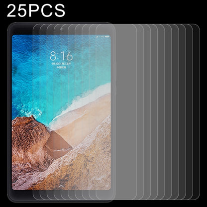Tablet tempered glass screen protector set, 25-pack of clear films layered on a tablet