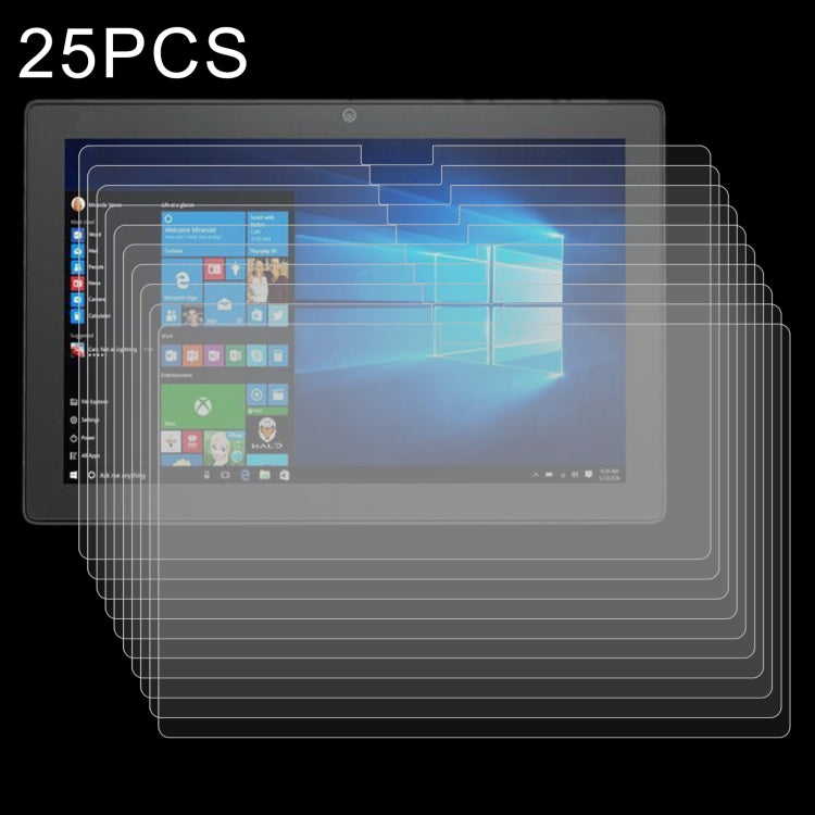 Tablet screen protector tempered glass set, 25-pack of clear films layered over tablet